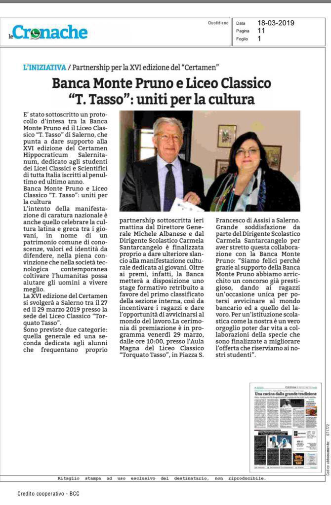 BANCA MONTE PRUNO E LICEO CLASSICO “TASSO”, UNITI PER LA CULTURA